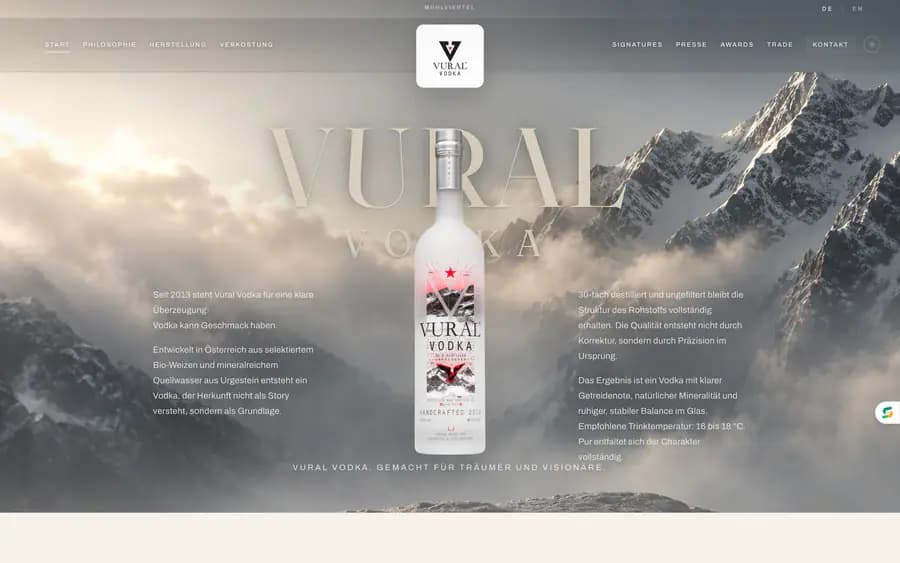 Vural Vodka premium marka web sitesi ana sayfa tasarımı