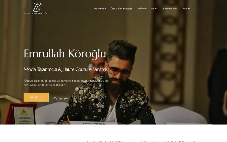 Emrullah Köroğlu moda tasarımcısı kişisel marka web sitesi ana sayfa tasarımı