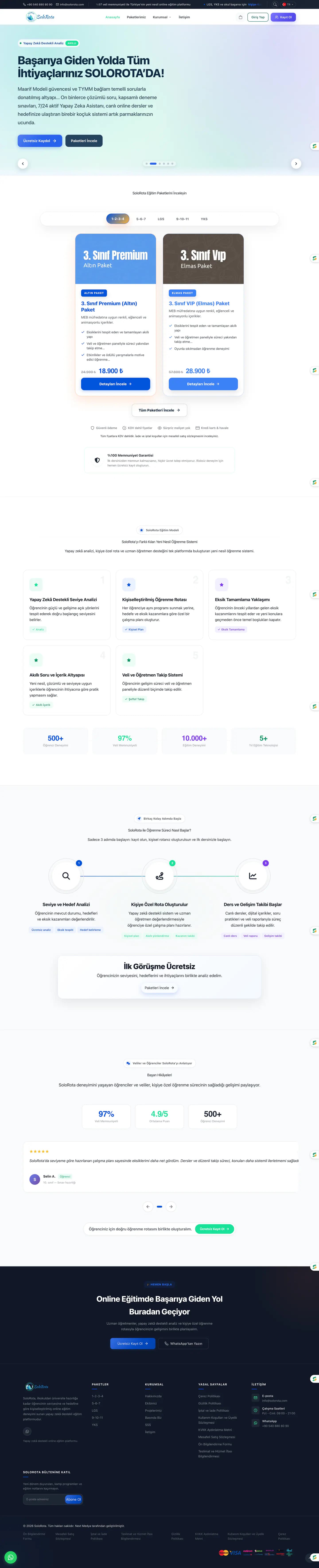 SoloRota web sitesi ana sayfa ve paket satış — full page tasarım görünümü