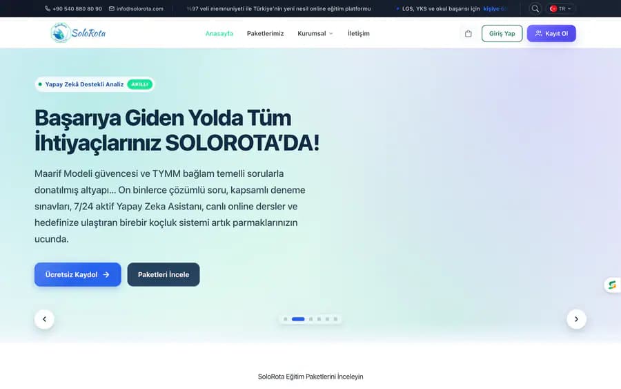 SoloRota online eğitim platformu web sitesi ana sayfa tasarımı