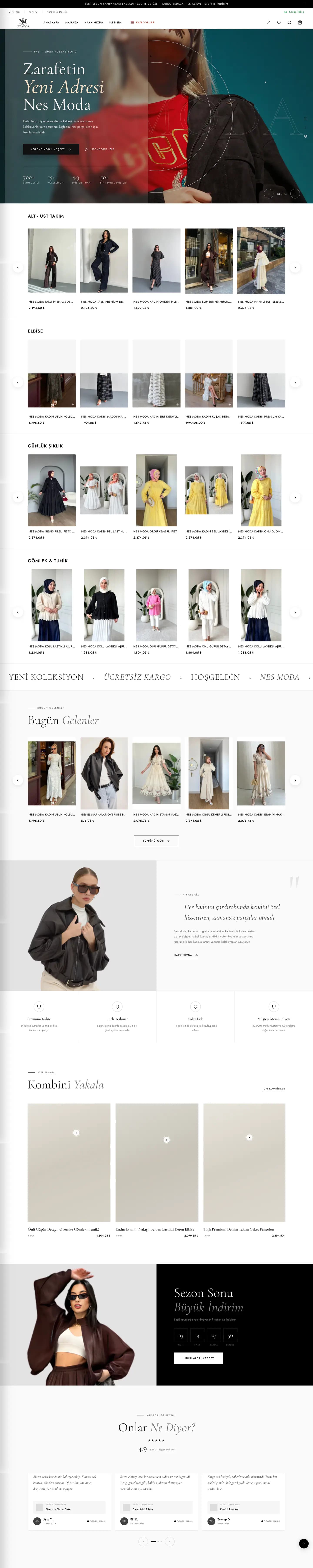 Nes Moda web sitesi ana sayfa ve koleksiyon keşfi — full page tasarım görünümü