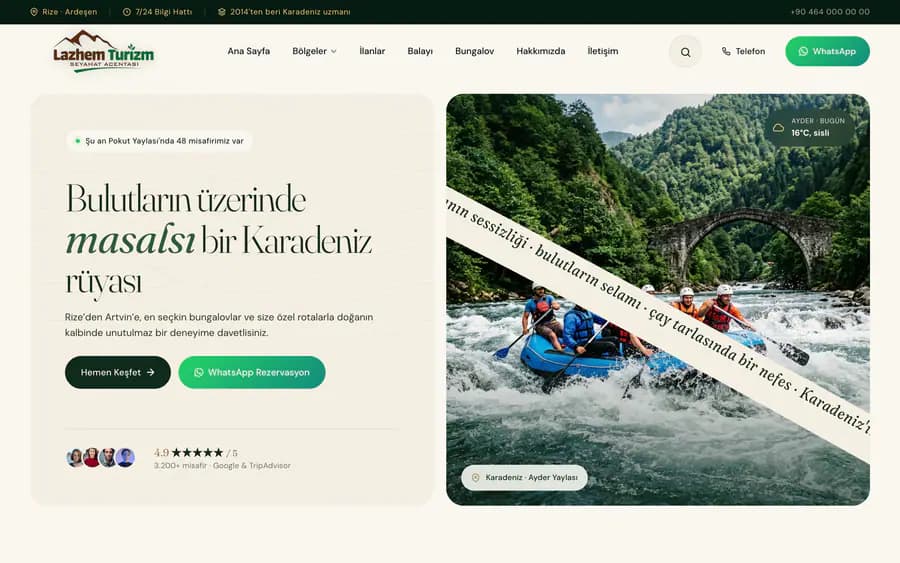 Rize Balayı Paketi turizm ve rezervasyon web sitesi ana sayfa tasarımı